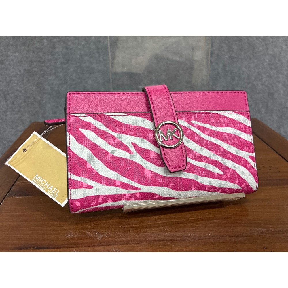 Michael Kors Pink Zebra Print Bifold Wallet MK Silver Logo Canvas NWT